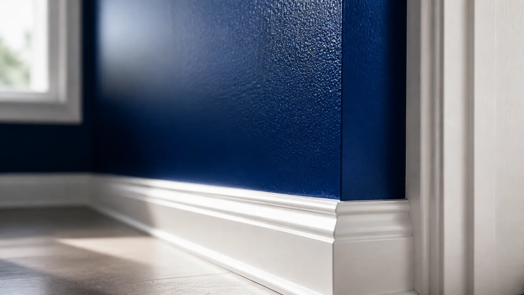 Freshly painted interior wall with a crisp white baseboard and trim